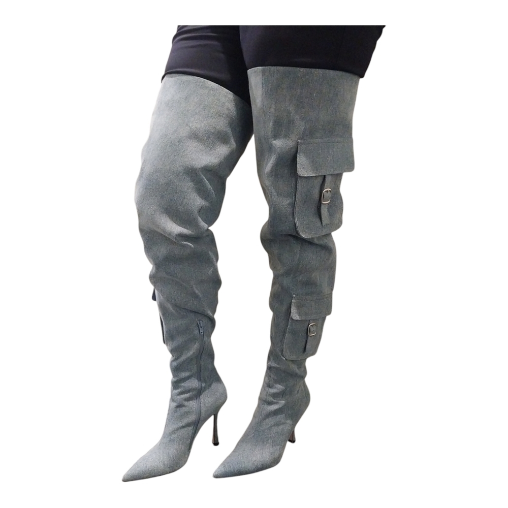 Steve Madden Brittany Thigh High Heeled Boots Denim Fabric Pockets NEW Size 9